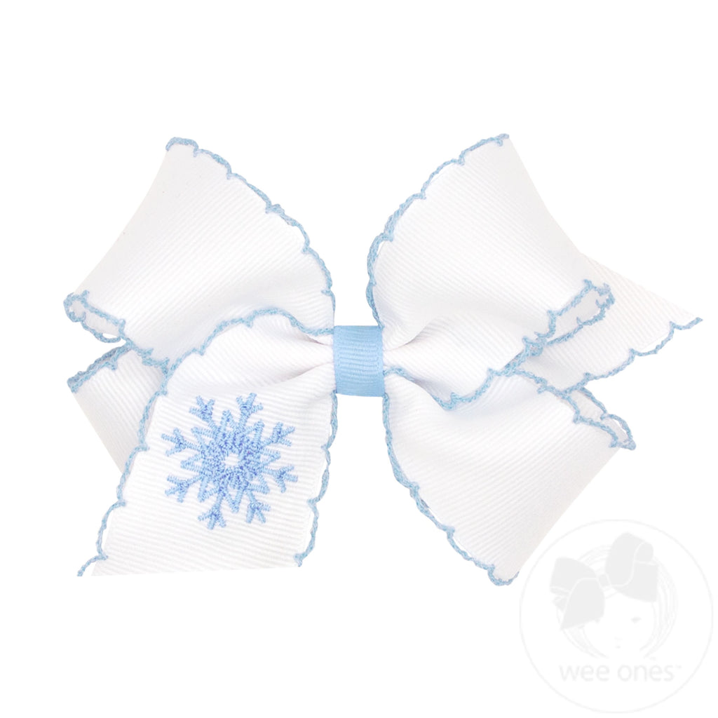 Medium Grosgrain Hair Bow with Blue Moonstitch Edge and Snowflake Embroidery