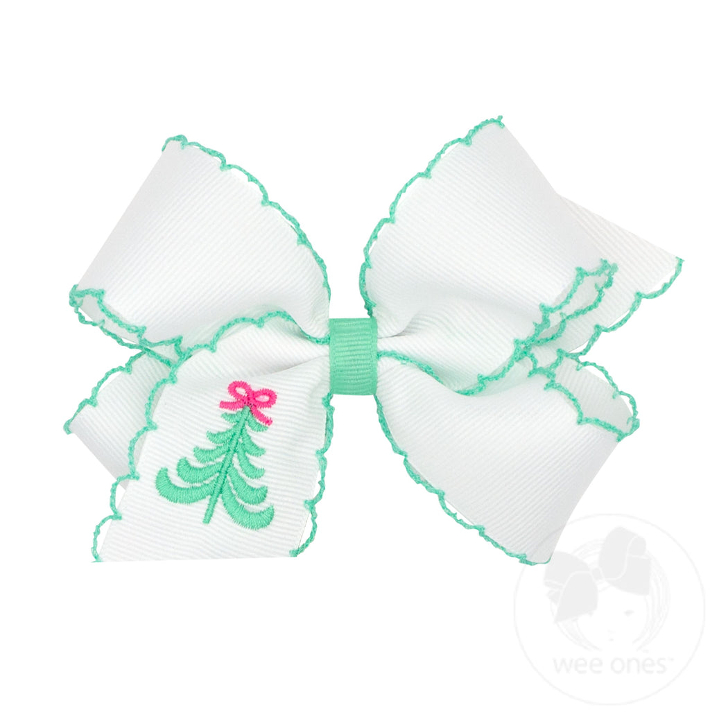 Medium Grosgrain Hair Bow with Green Moonstitch Edge and Christmas Tree Embroidery