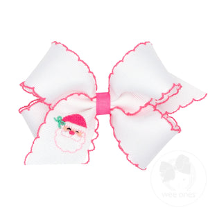 Medium Grosgrain Hair Bow with Pink Moonstitch Edge and Santa Embroidery