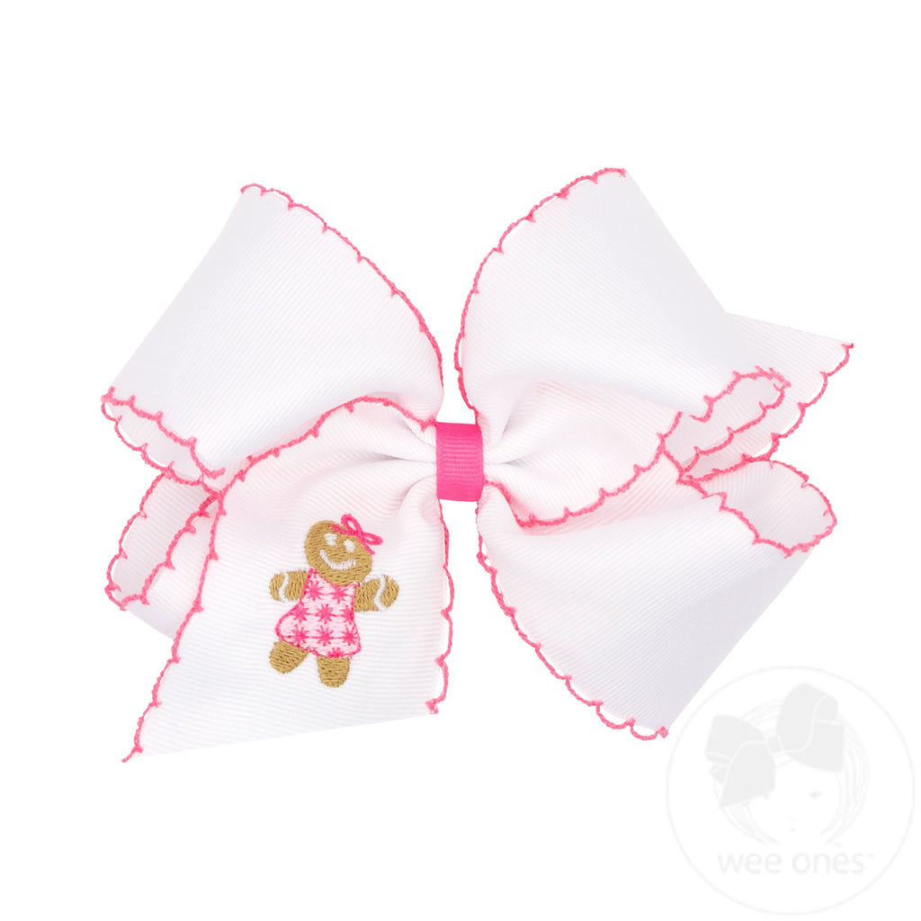 King Grosgrain Hair Bow with Moonstitch Edge and Pink Gingerbread Embroidery