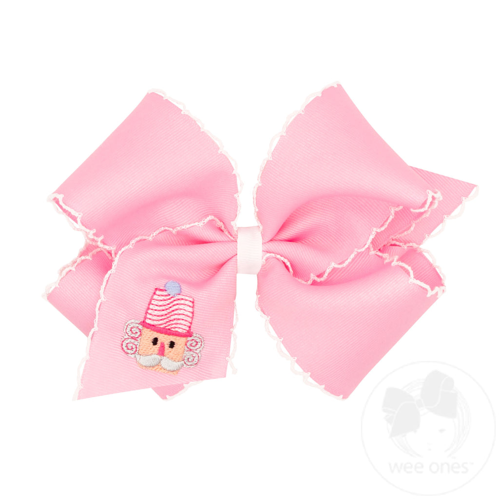 King Grosgrain Hair Bow with Moonstitch Edge and Pink Nutcracker Embroidery