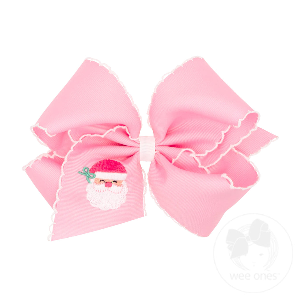 King Grosgrain Hair Bow with Moonstitch Edge and Pink Santa Embroidery