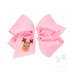 King Grosgrain Hair Bow with Moonstitch Edge and Pink Reindeer Embroidery