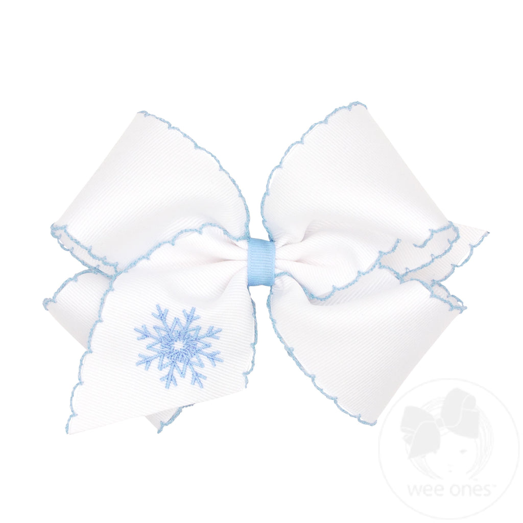 King Grosgrain Hair Bow with Moonstitch Edge and Blue Snowflake Embroidery