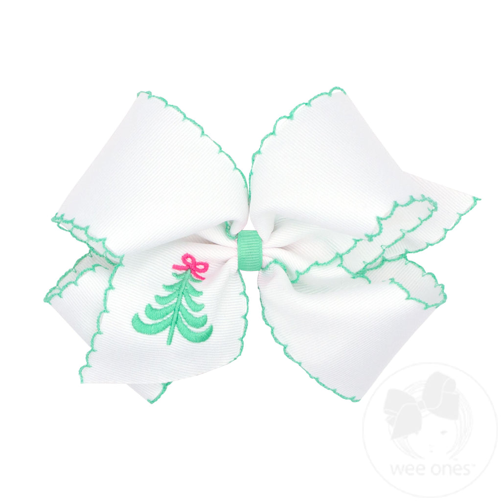 King Grosgrain Hair Bow with Green Moonstitch Edge and Christmas Tree Embroidery