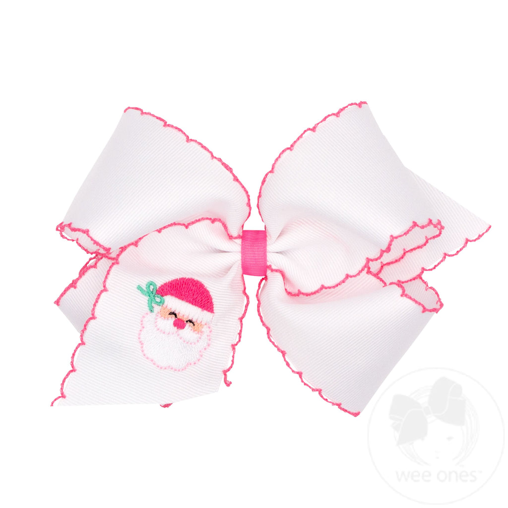 King Grosgrain Hair Bow with Pink Moonstitch Edge and Santa Embroidery
