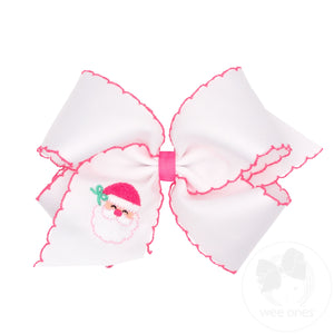 King Grosgrain Hair Bow with Pink Moonstitch Edge and Santa Embroidery