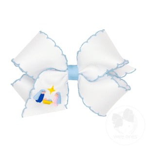 Medium Grosgrain Hair Bow with Moonstitched Edge and Nativity Embroidery