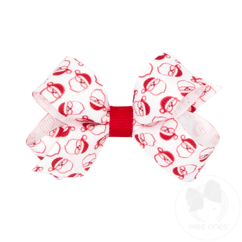 Mini Christmas White Santa Print Grosgrain Hair Bow