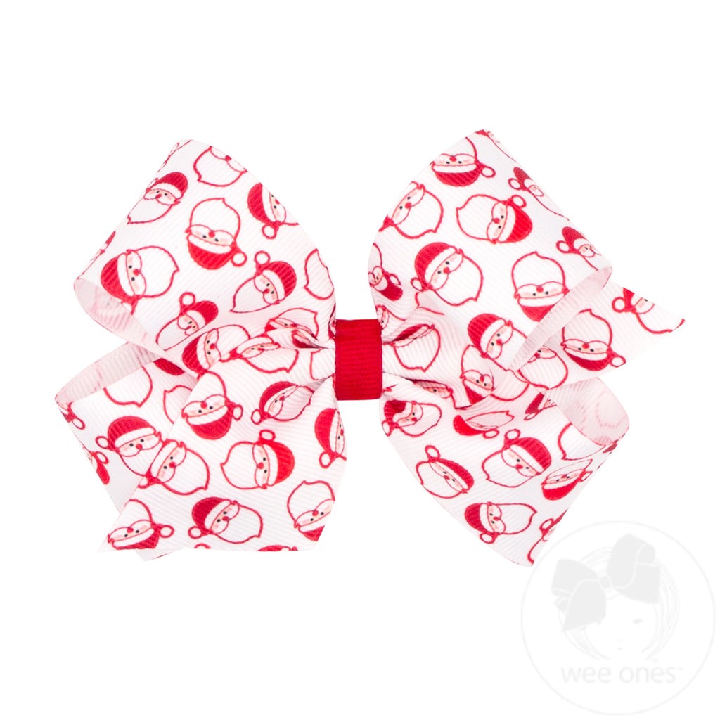 Medium Christmas White Santa Print Grosgrain Hair Bow