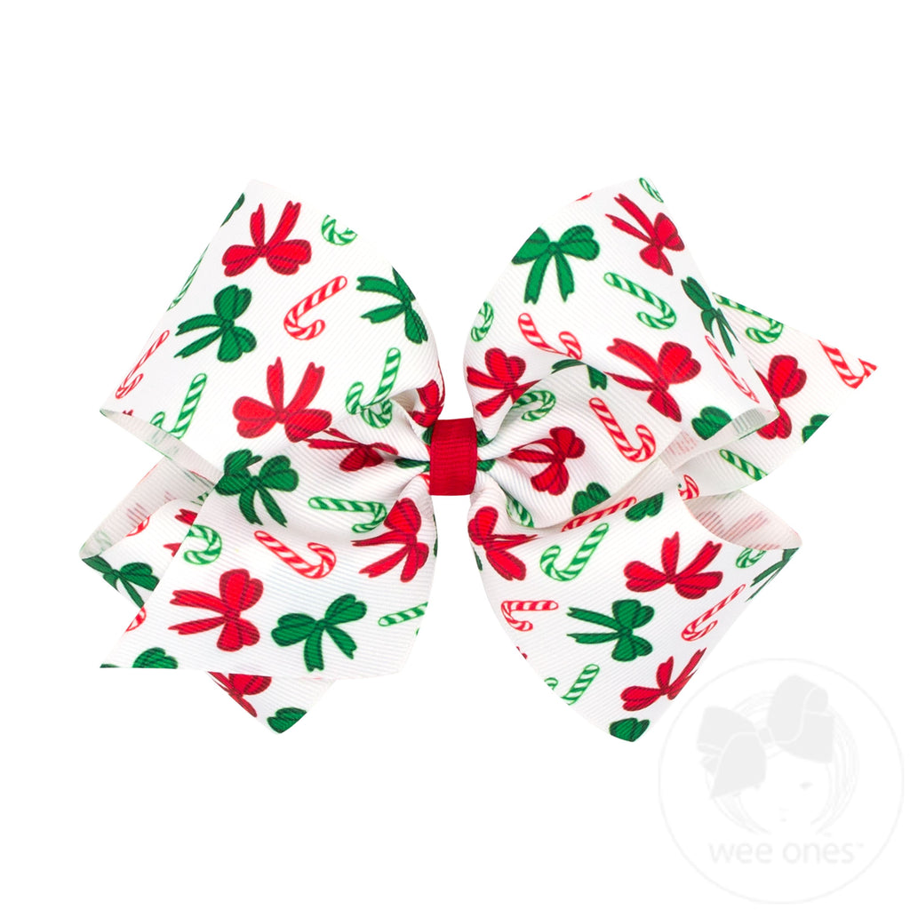 King Christmas Candy Cane Print Grosgrain Hair Bow