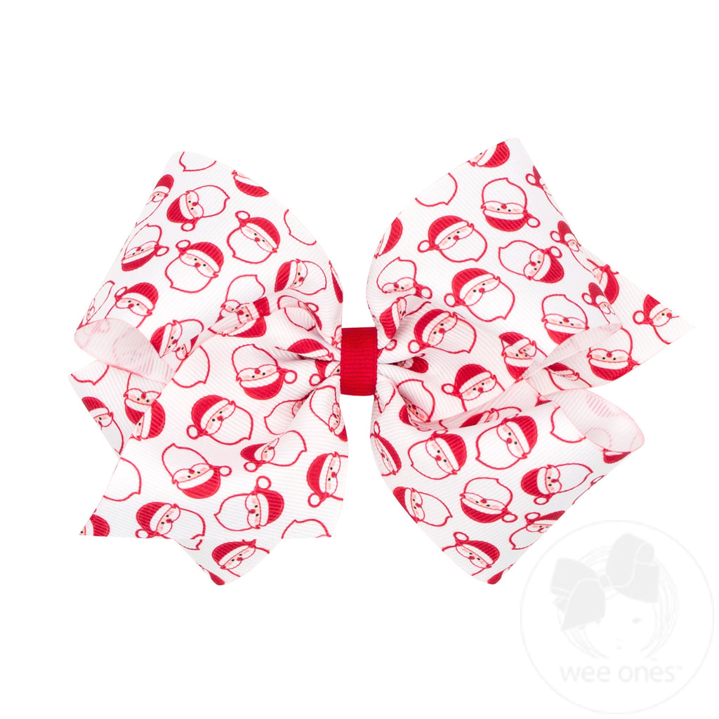 King Christmas White Santa Print Grosgrain Hair Bow