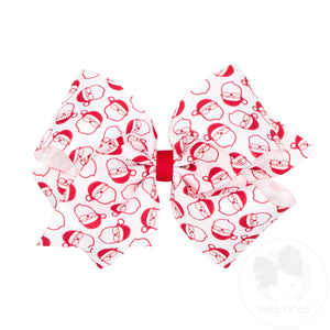 King Christmas White Santa Print Grosgrain Hair Bow