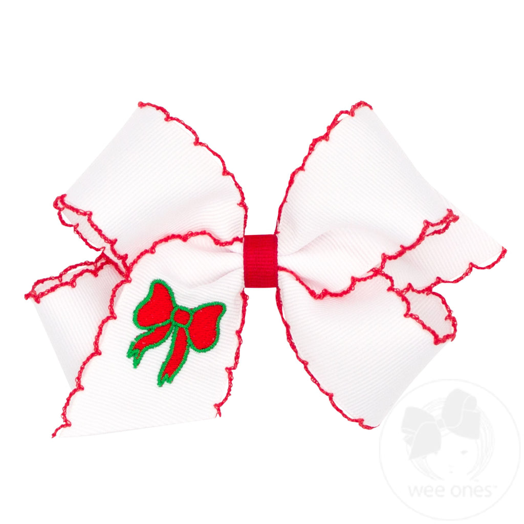 Medium Grosgrain Hair Bow with Moonstitch Edge and Christmas Bow Embroidery