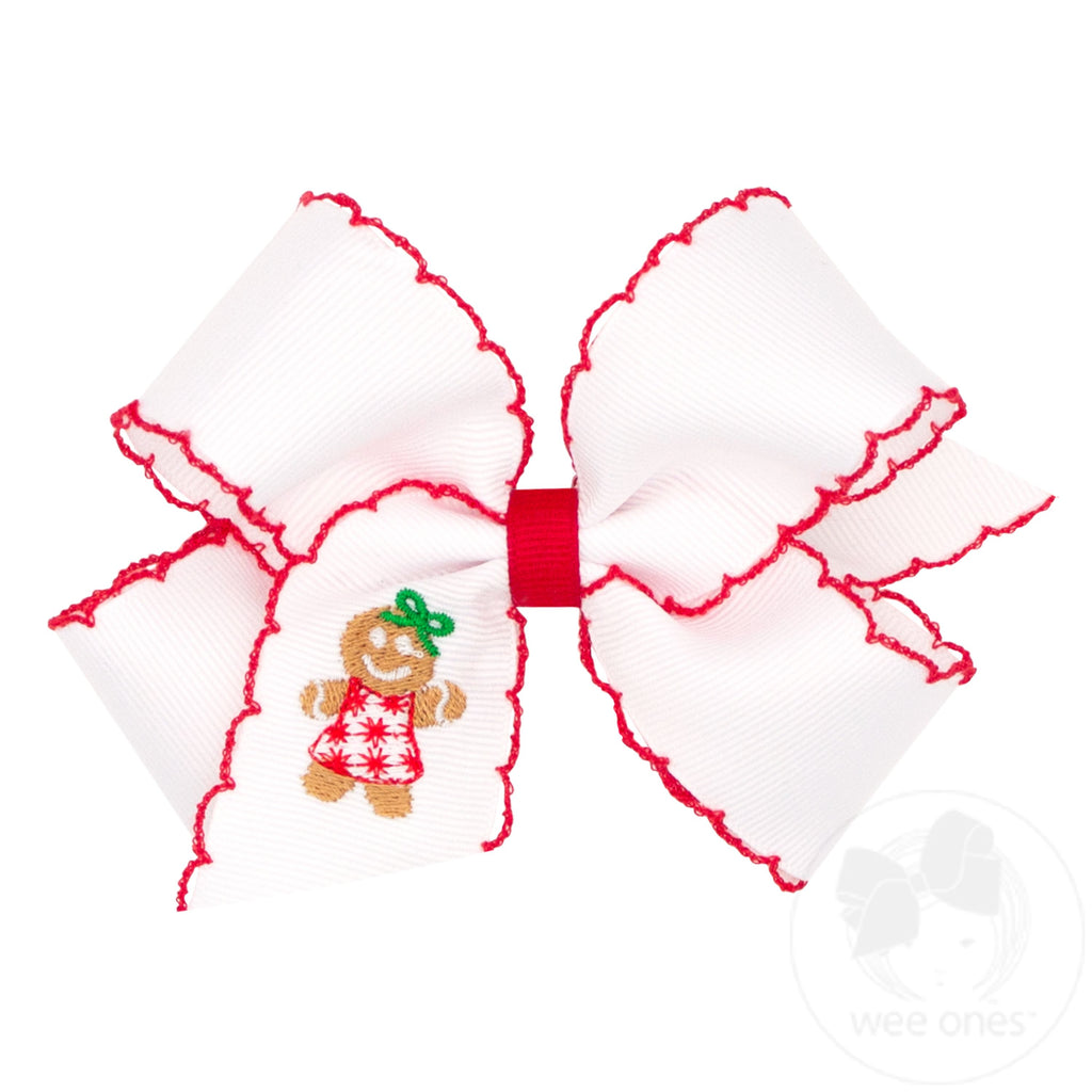 Medium Grosgrain Hair Bow with Moonstitch Edge and Gingerbread Embroidery