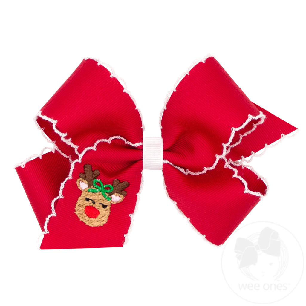Medium Grosgrain Hair Bow with Moonstitch Edge and Reindeer Embroidery