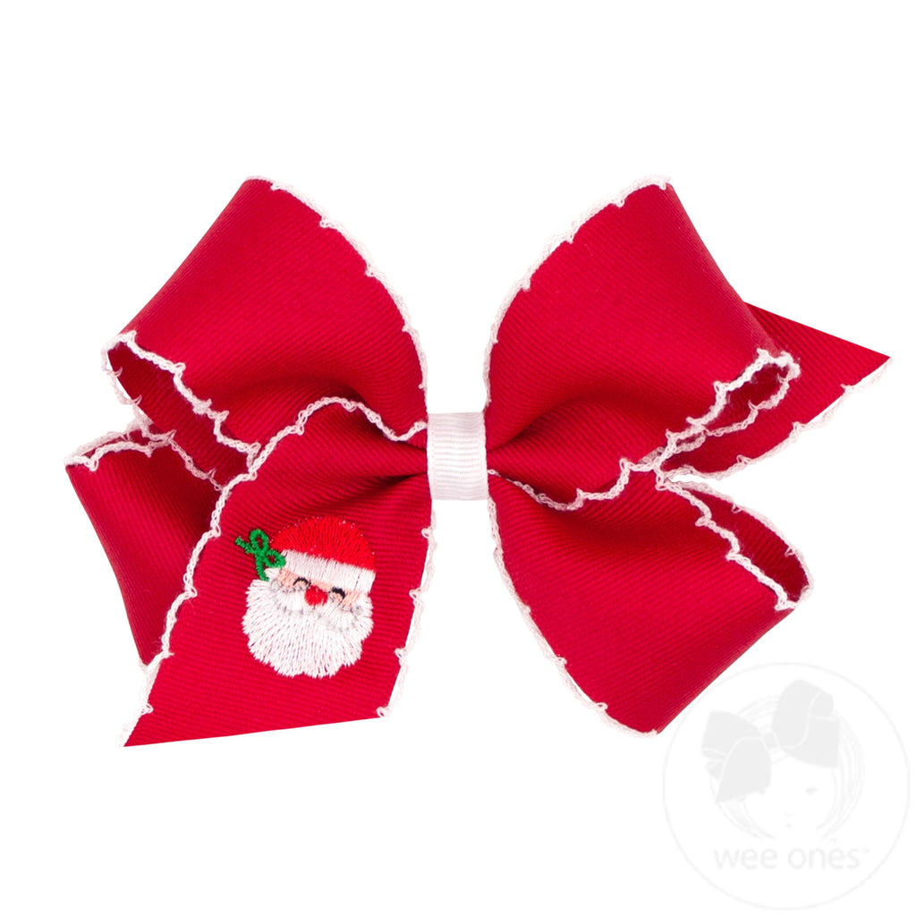 Medium Red Grosgrain Hair Bow with Moonstitch Edge and Santa Embroidery