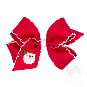 Medium Red Grosgrain Hair Bow with Moonstitch Edge and Santa Embroidery