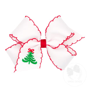 Medium Grosgrain Hair Bow with Moonstitch Edge and Christmas Tree Embroidery