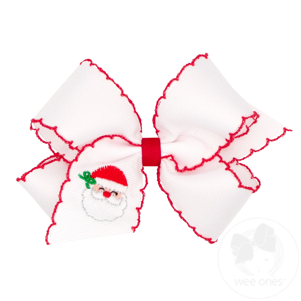 Medium White Grosgrain Hair Bow with Moonstitch Edge and Santa Embroidery