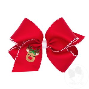 King Grosgrain Hair Bow with Moonstitch Edge and Reindeer Embroidery