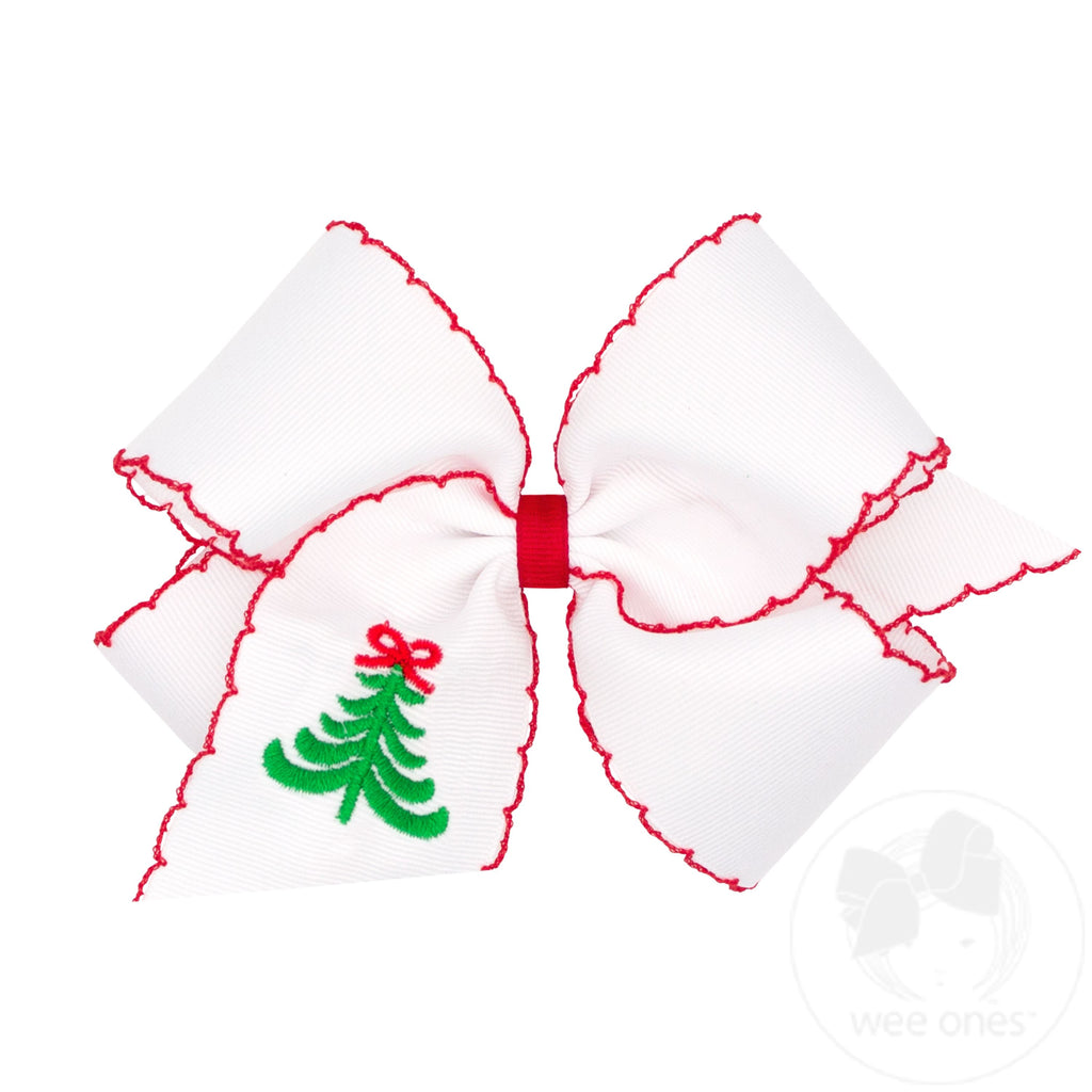 King Grosgrain Hair Bow with Moonstitch Edge and Christmas Tree Embroidery