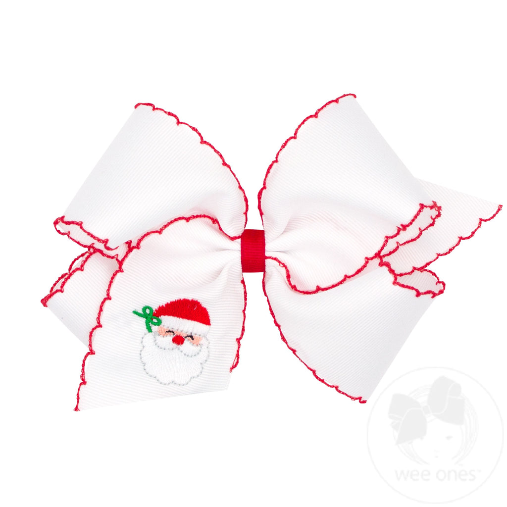 King White Grosgrain Hair Bow with Moonstitch Edge and Santa Embroidery