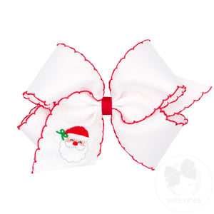 King White Grosgrain Hair Bow with Moonstitch Edge and Santa Embroidery
