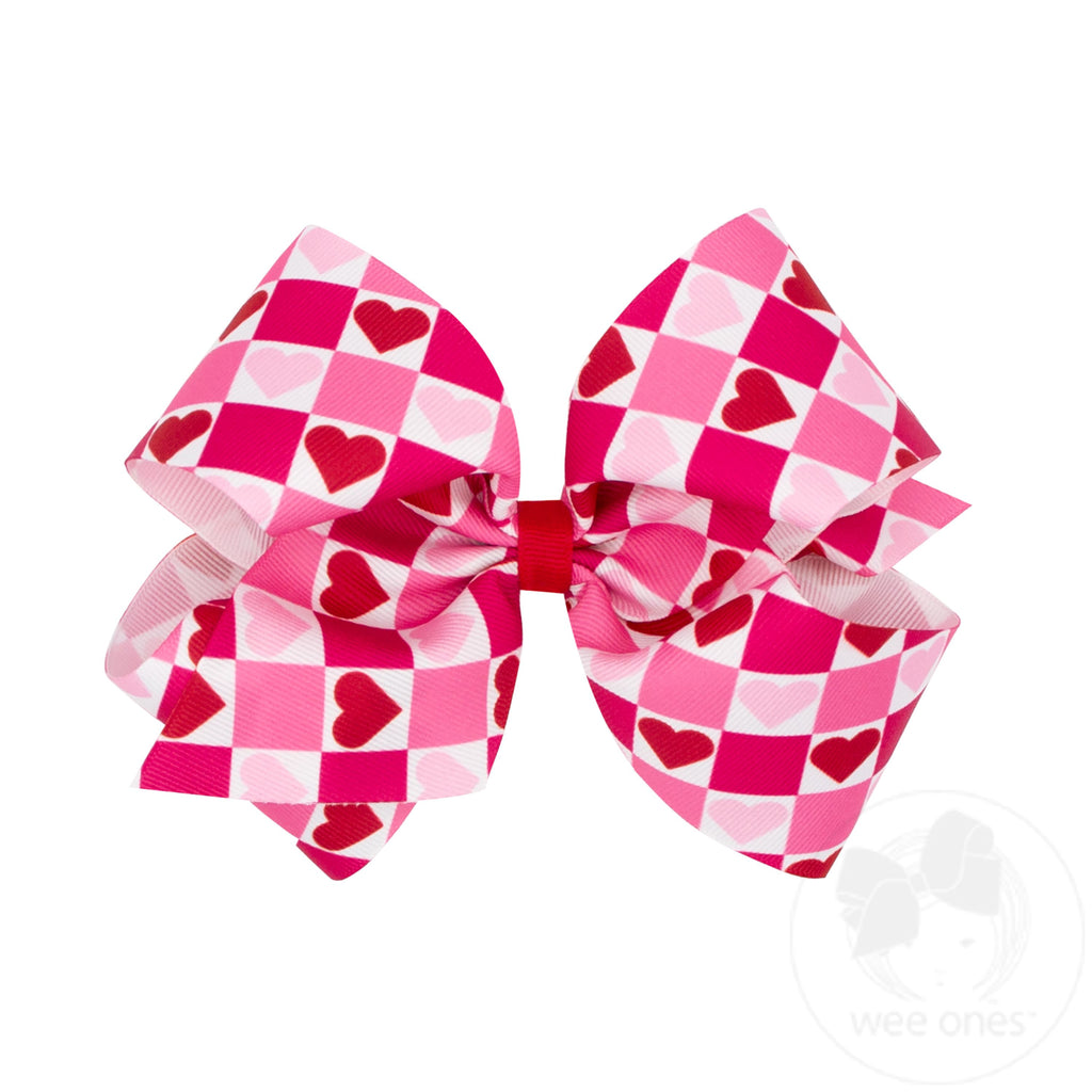 King Heart Print Grosgrain Hair Bow