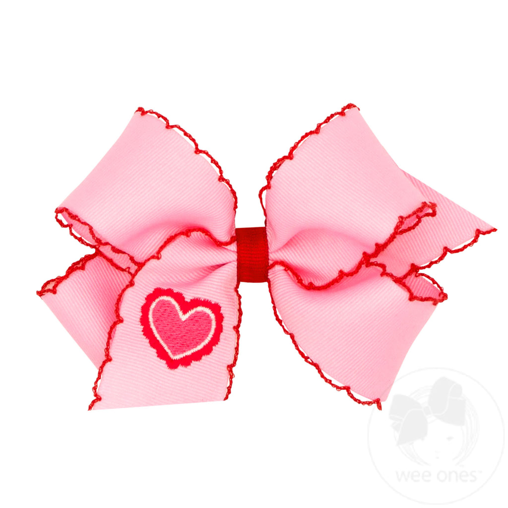 Medium Moonstitch Edge Grosgrain Hair Bow with Heart Embroidery