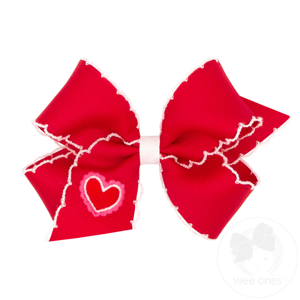 Medium Moonstitch Edge Grosgrain Hair Bow with Heart Embroidery