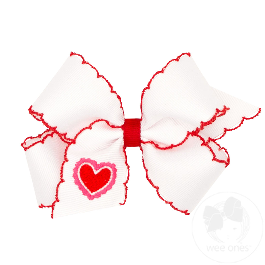 Medium Moonstitch Edge Grosgrain Hair Bow with Heart Embroidery