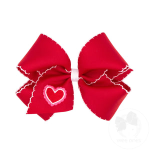 King Moonstitch Edge Grosgrain Hair Bow with Heart Embroidery
