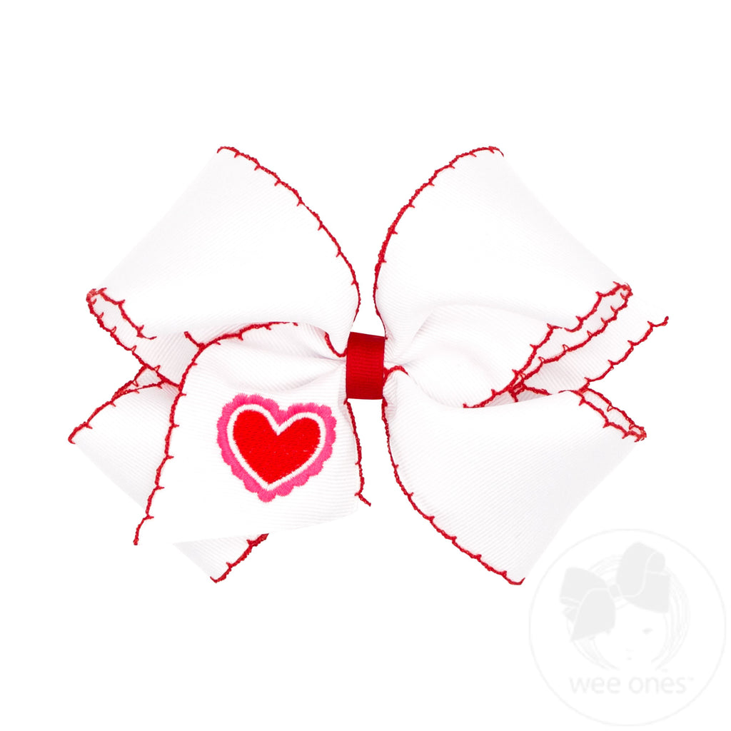 King Moonstitch Edge Grosgrain Hair Bow with Heart Embroidery