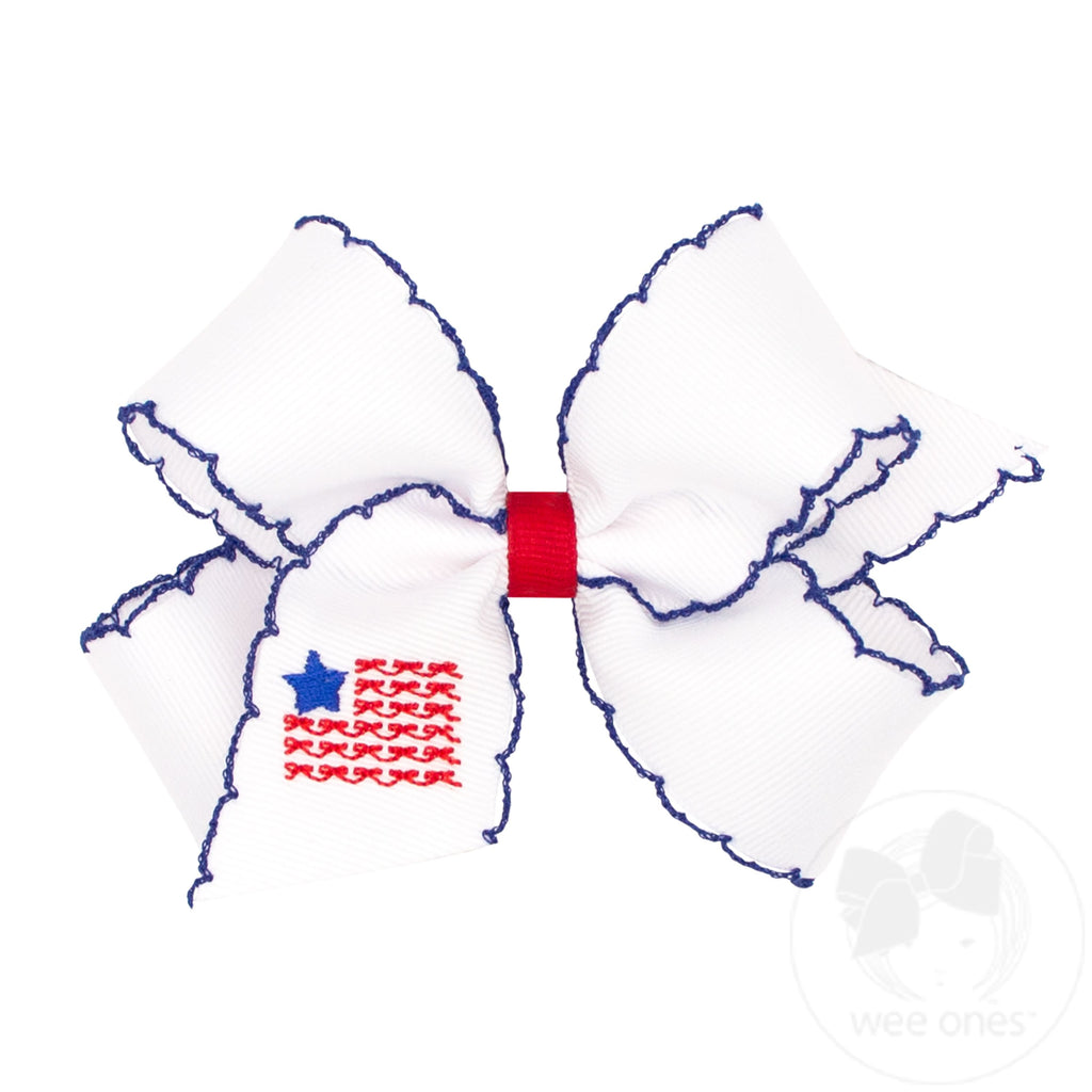 Medium Patriotic Embroidery on Moonstitch Edge Hair Bow