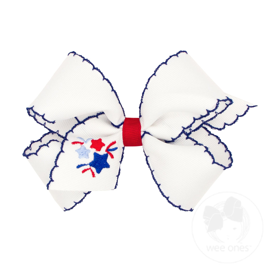 Medium Patriotic Embroidery on Moonstitch Edge Hair Bow