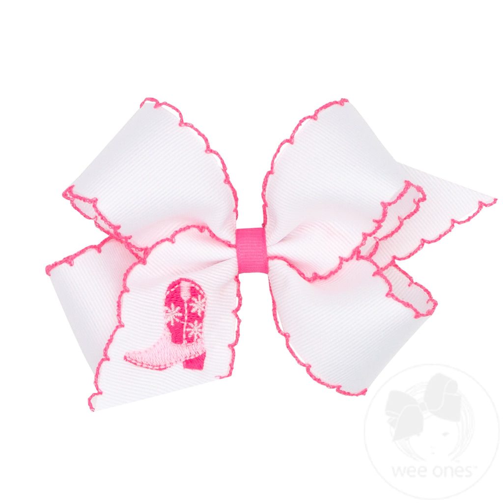 Medium Grosgrain Hair Bow with Moonstitch Edge and Hot Pink Cowgirl Boot Embroidery
