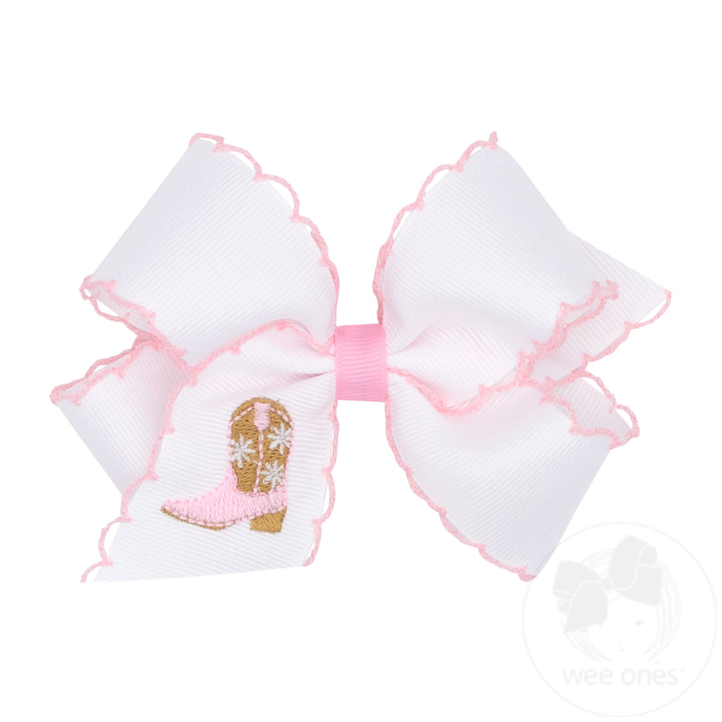 Medium Grosgrain Hair Bow with Moonstitch Edge and Pink Cowgirl Boot Embroidery