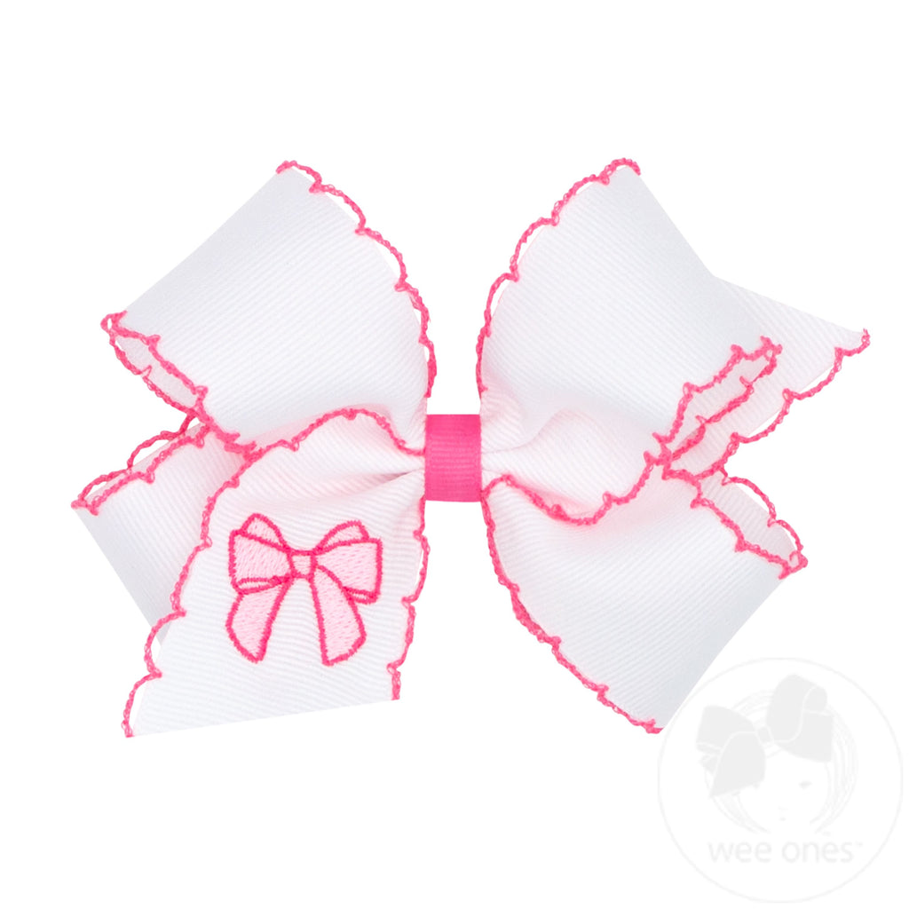 Medium Grosgrain Hair Bow with Moonstitch Edge and Pearl Pink Cowgirl Bow Embroidery