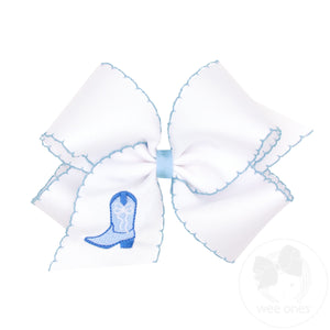 King Grosgrain Hair Bow with Moonstitch Edge and Blue Cowgirl Boot Embroidery