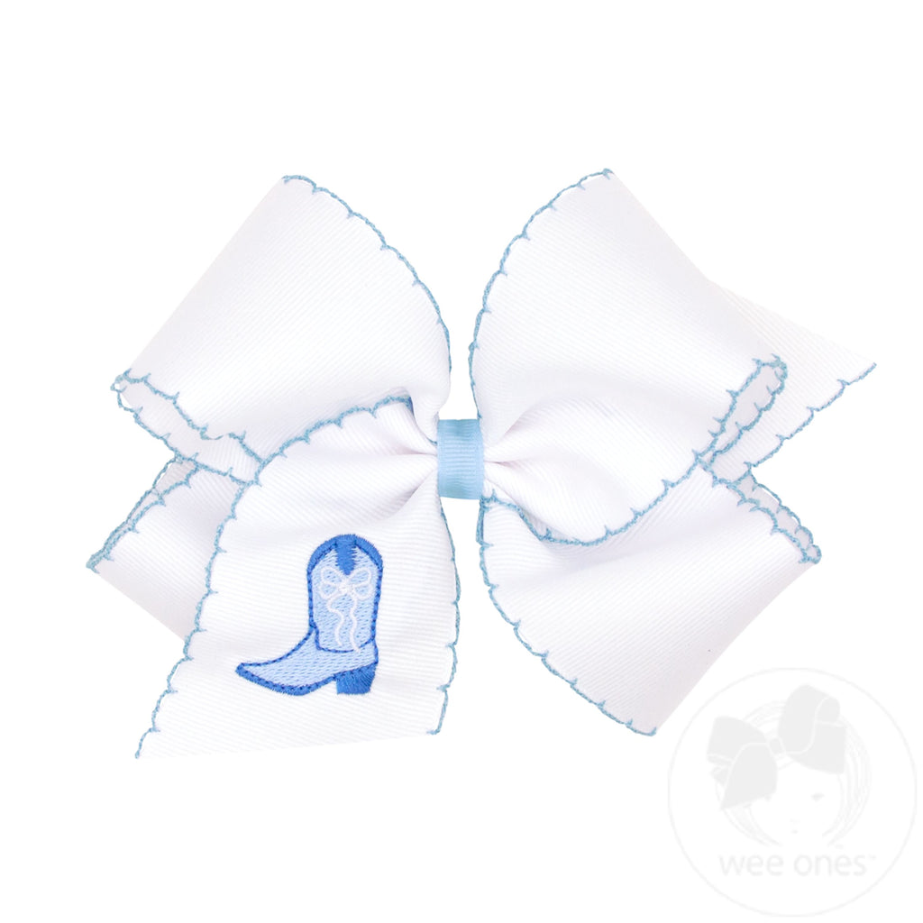 King Grosgrain Hair Bow with Moonstitch Edge and Blue Cowgirl Boot Embroidery
