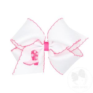 King Grosgrain Hair Bow with Moonstitch Edge and Hot Pink Cowgirl Boot Embroidery