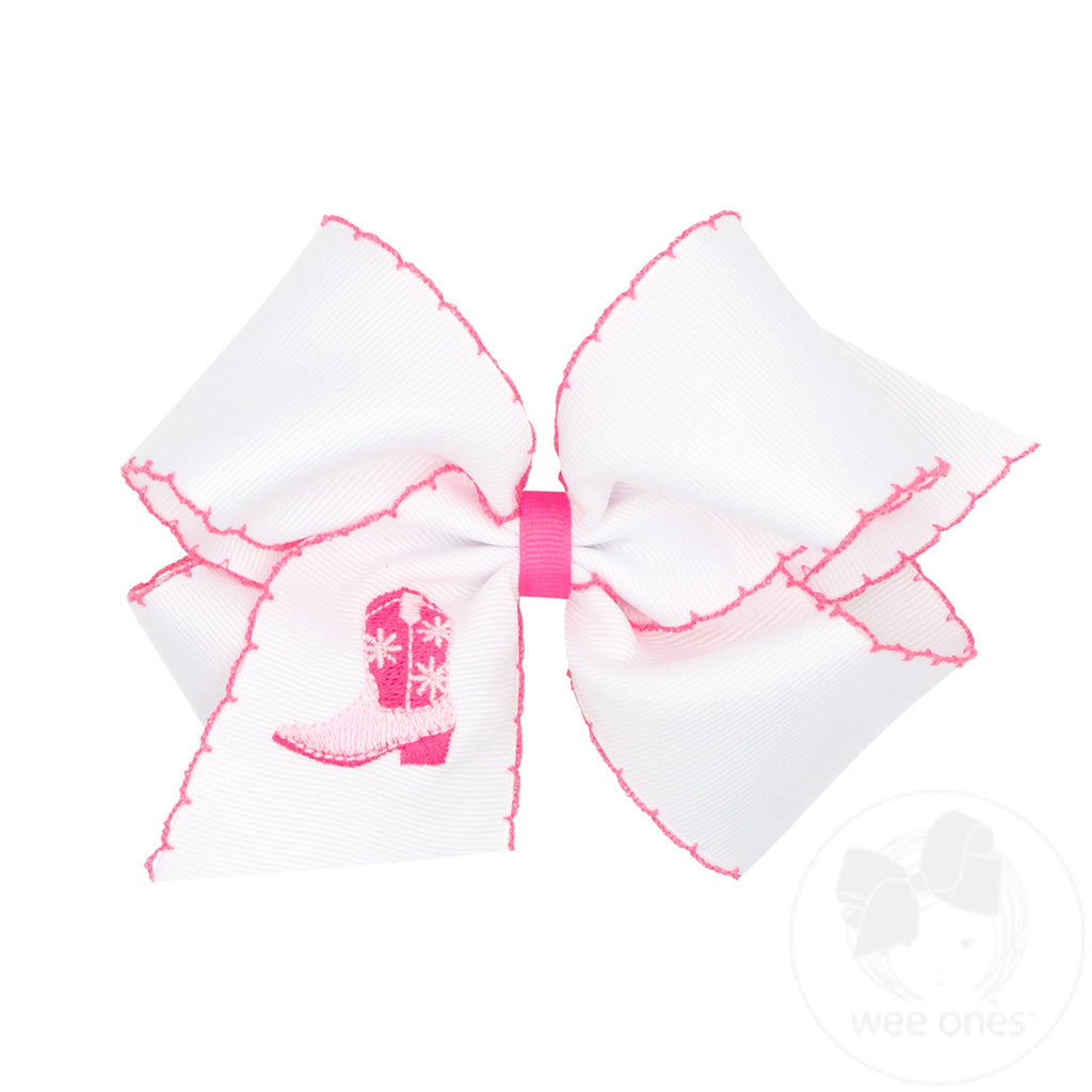 King Grosgrain Hair Bow with Moonstitch Edge and Hot Pink Cowgirl Boot Embroidery