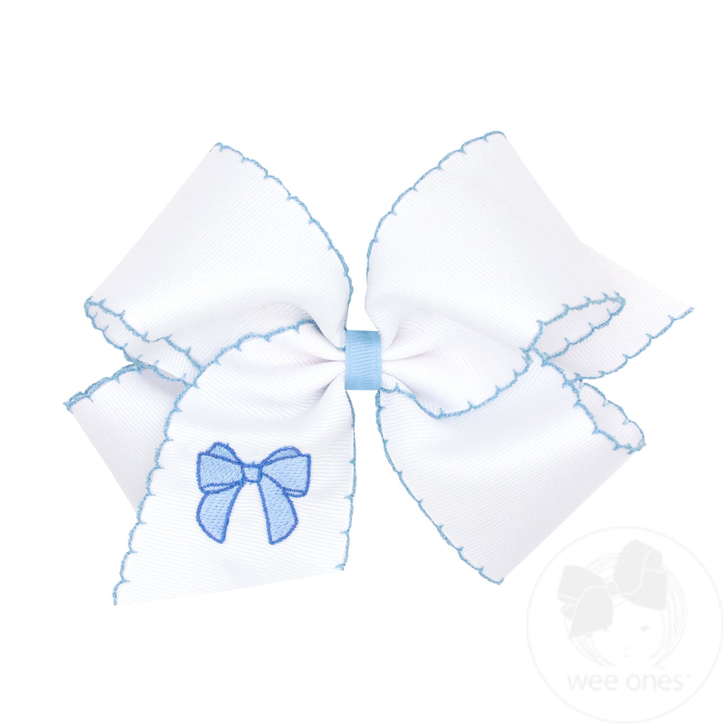 King Grosgrain Hair Bow with Moonstitch Edge and Millenium Blue Bow Embroidery