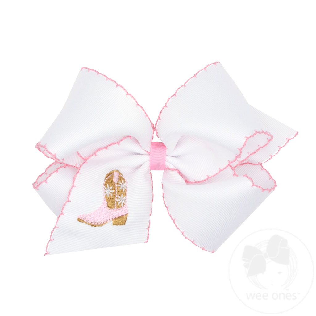 King Grosgrain Hair Bow with Moonstitch Edge and Pink Cowgirl Boot Embroidery