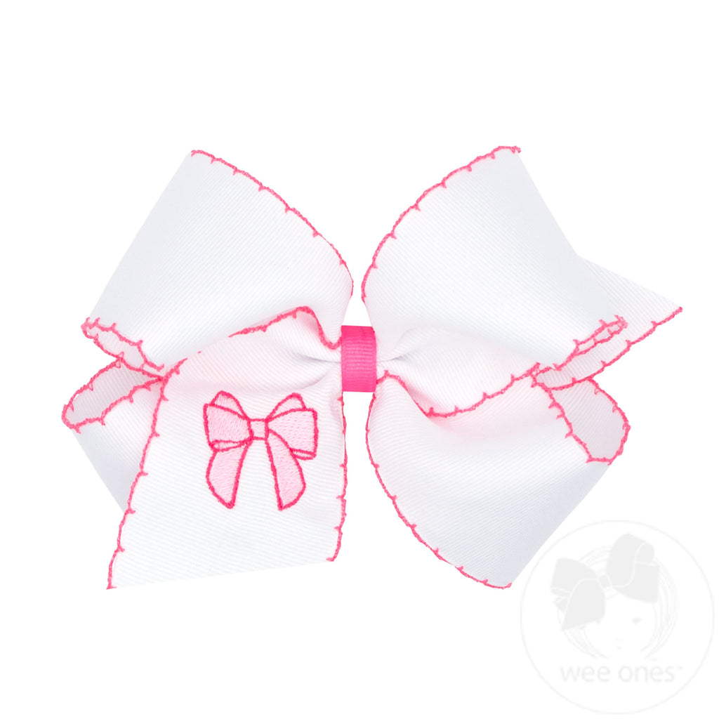 King Grosgrain Hair Bow with Moonstitch Edge and Pearl Pink Bow Embroidery