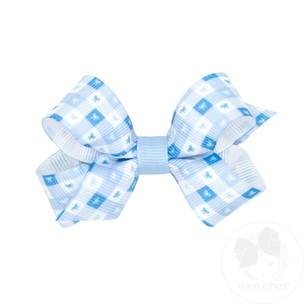 Mini Millenium Blue Gingham Bows Print Grosgrain Hair Bow