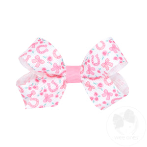 Mini Lucky Horseshoes and Roses Print Grosgrain Hair Bow