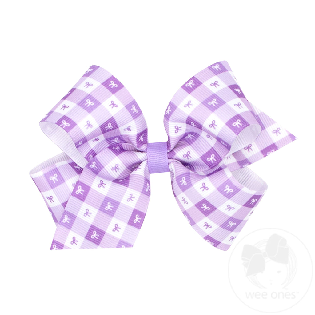 Medium Light Orchid Gingham Bows Print Grosgrain Hair Bow
