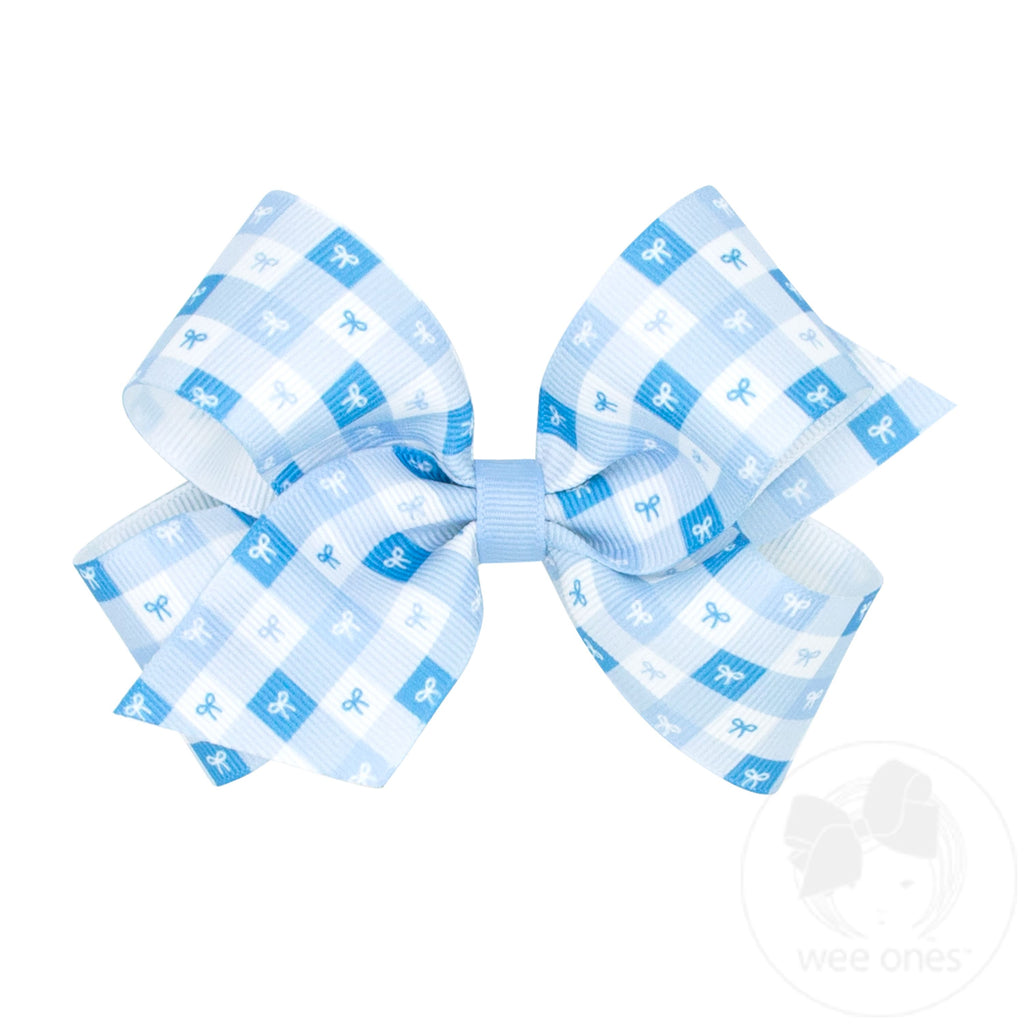 Medium Millenium Blue Gingham Bows Print Grosgrain Hair Bow